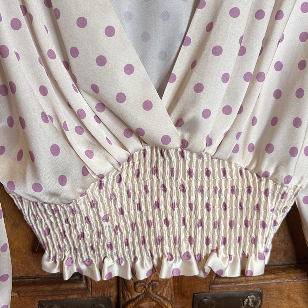 Zara polka dot blouse white lavender ruffled v neck cropped sz S - Picture 6 of 7